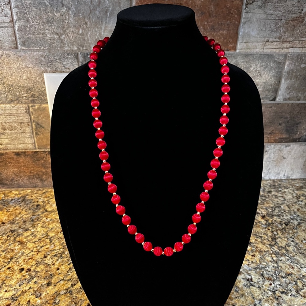 Vintage Red Satiny Thread beaded Necklace with Gold Tone Spacer Beads
